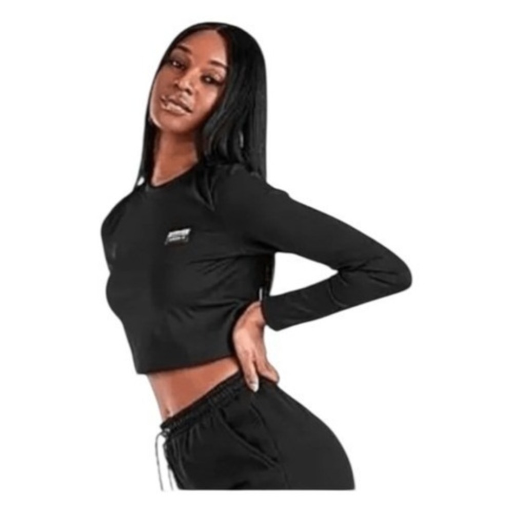 Adidas Ribbed Knit Top Black Athletic Cropped Long Sleeve Crewneck S  Adidas Ori